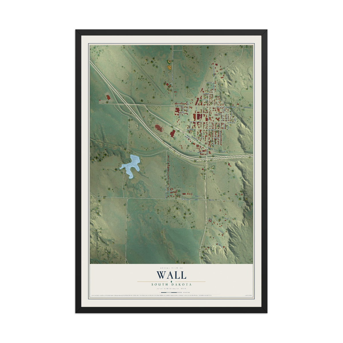 Map of Wall, South Dakota, 12 x 18 inch print in a black wood frame
