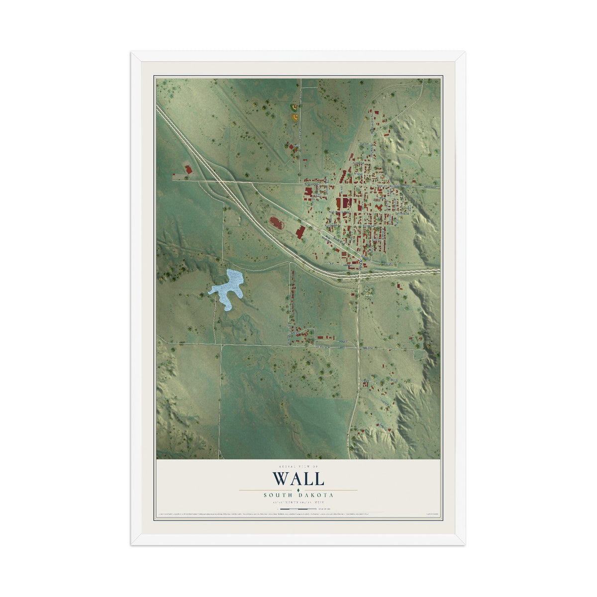Map of Wall, South Dakota, 12 x 18 inch print in a white wood frame