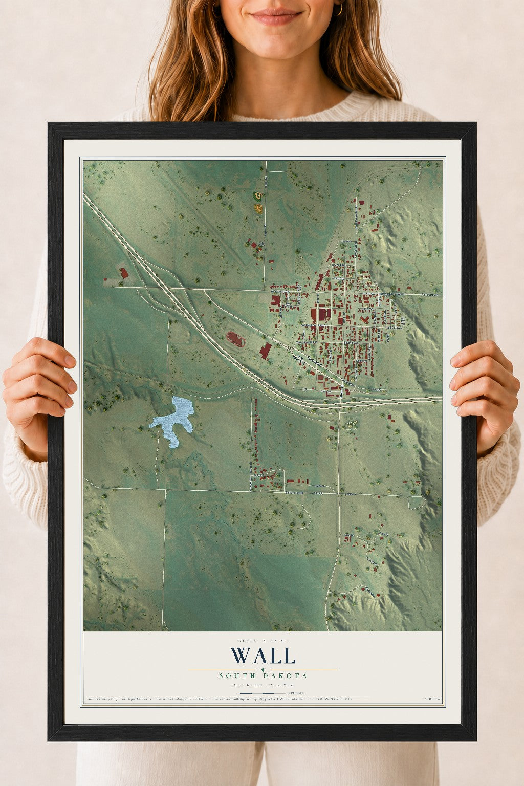 Map of Wall, South Dakota, 18 x 24 inch print in a black wood frame