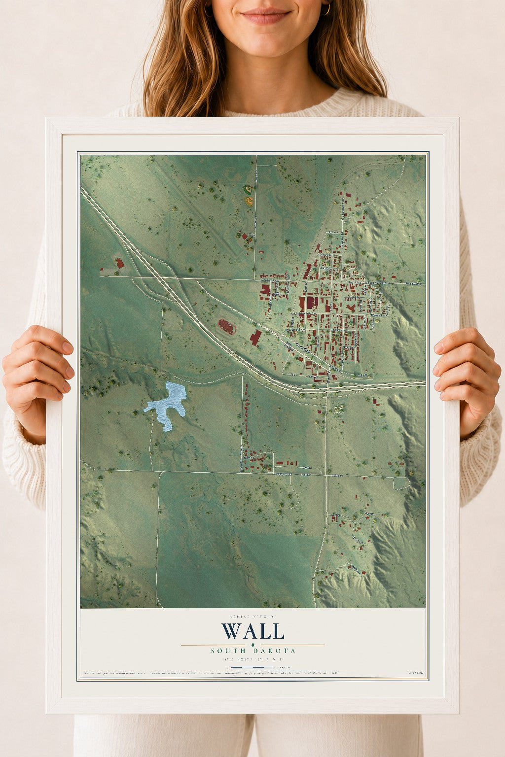 Map of Wall, South Dakota, 18 x 24 inch print in a white wood frame
