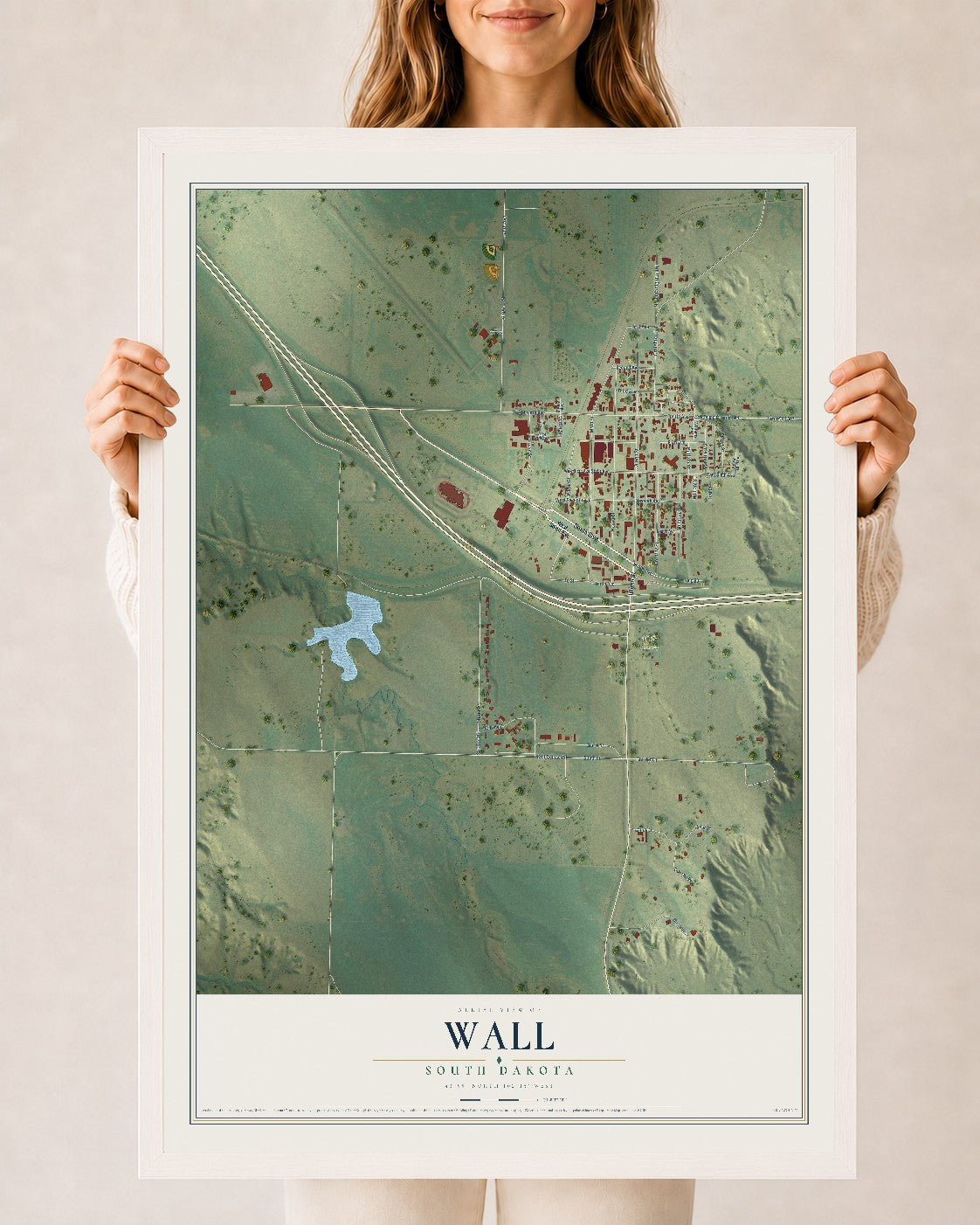 Map of Wall, South Dakota, 24 x 36 inch print in a white wood frame