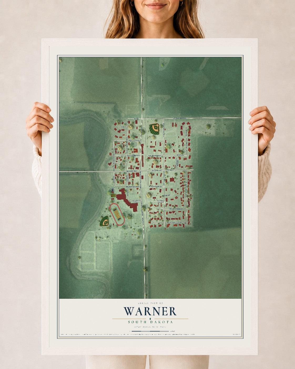 Map of Warner, South Dakota, 24 x 36 inch print in a white wood frame