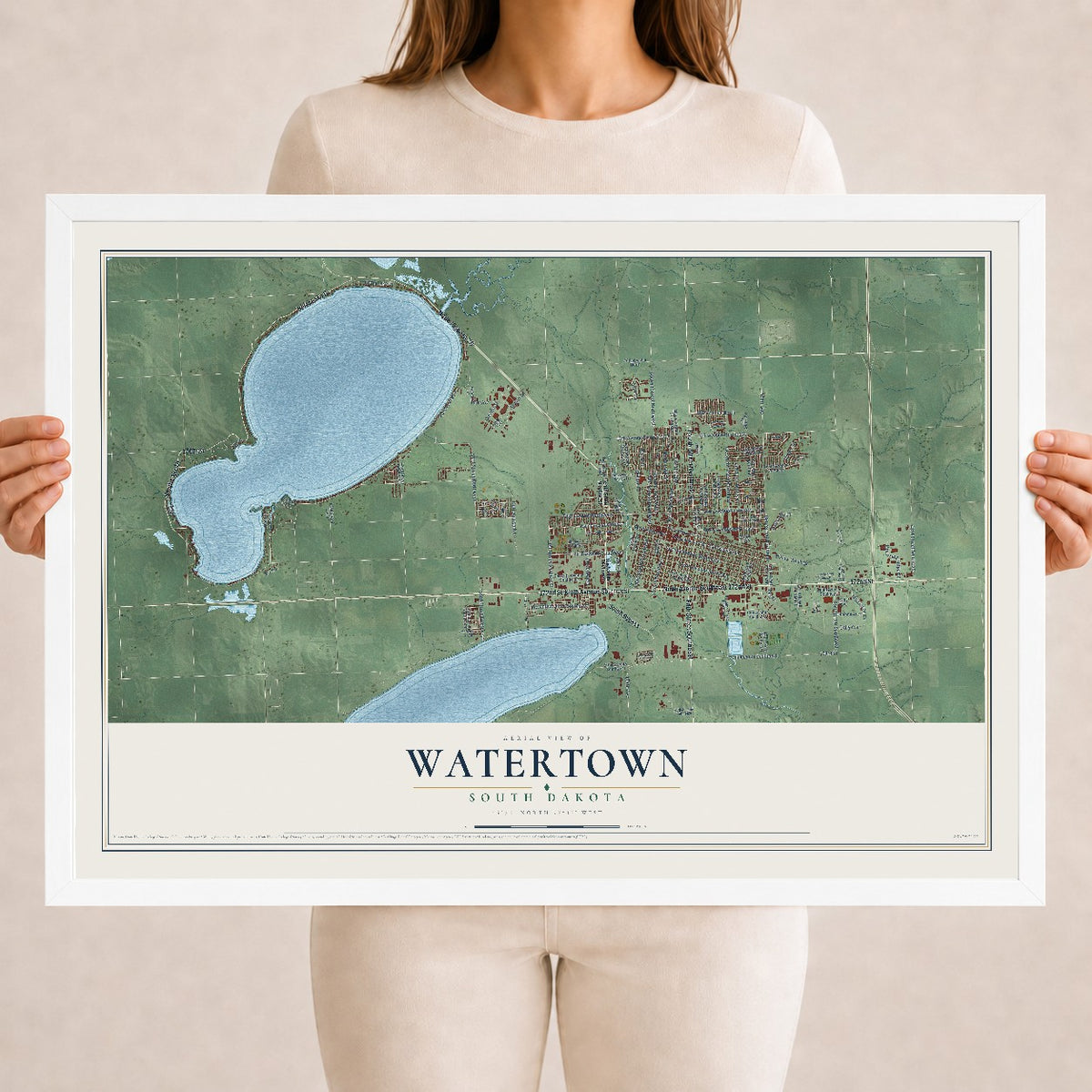 Map of Watertown, South Dakota, 18 x 24 inch print in a white wood frame