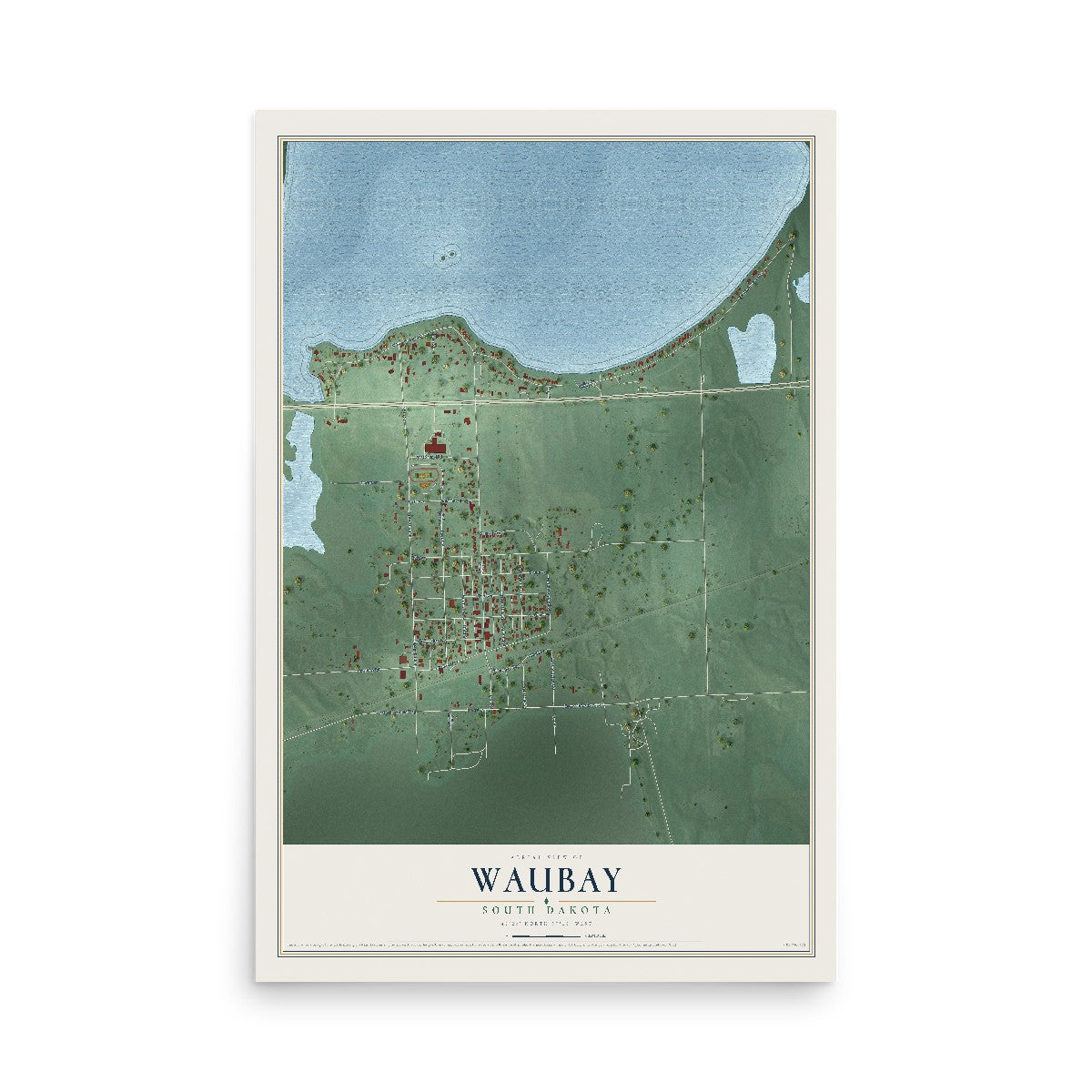 Map of Waubay, South Dakota, 12 x 18 inch unframed archival matte print