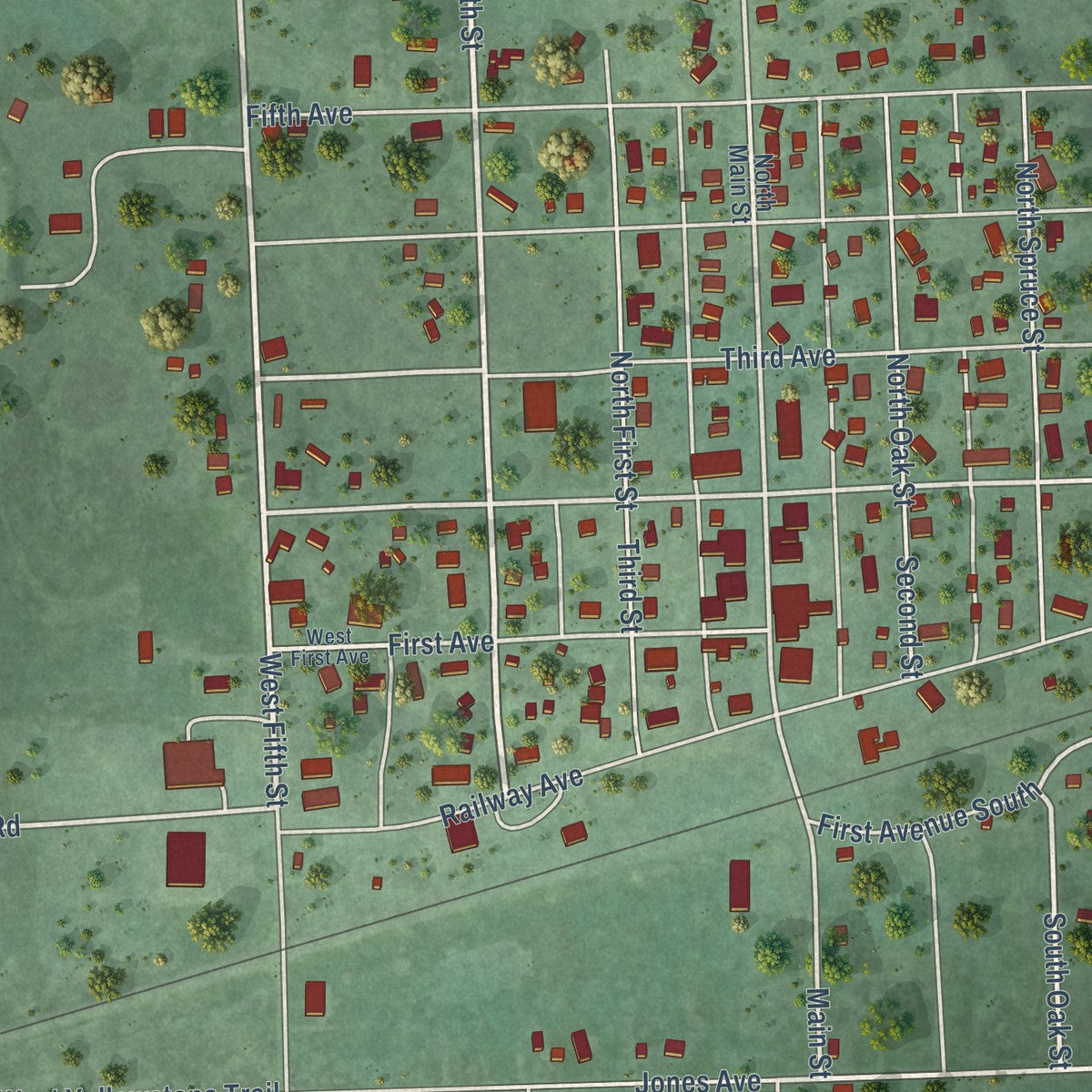 Close-up of the map of Waubay, South Dakota print showing street and building detail