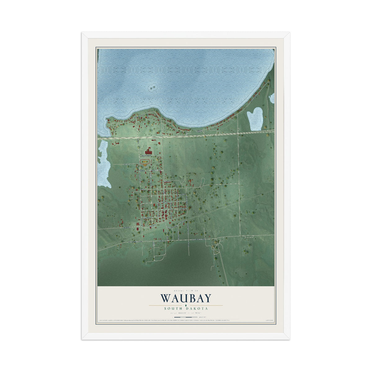 Map of Waubay, South Dakota, 12 x 18 inch print in a white wood frame