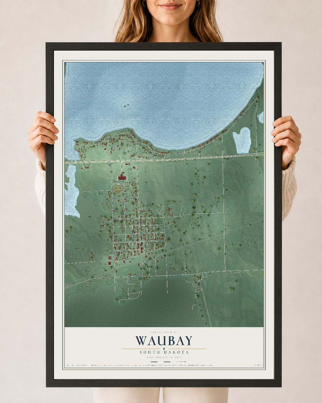 Map of Waubay, South Dakota, 24 x 36 inch print in a black wood frame