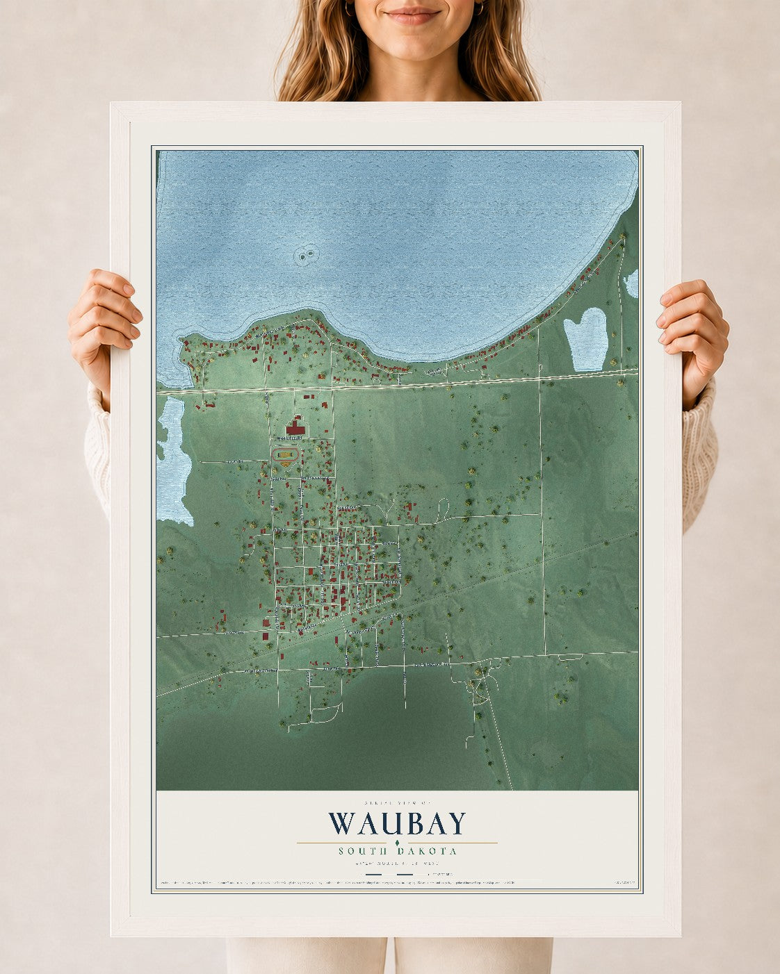 Map of Waubay, South Dakota, 24 x 36 inch print in a white wood frame