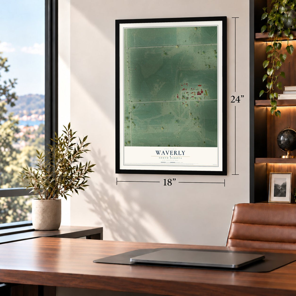Waverly, South Dakota map, 18 x 24 inch print in a black frame in a home office