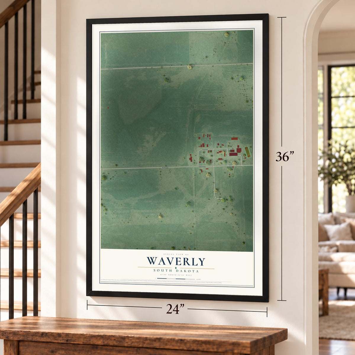 Waverly, South Dakota map, 24 x 36 inch print in a black frame by a staircase