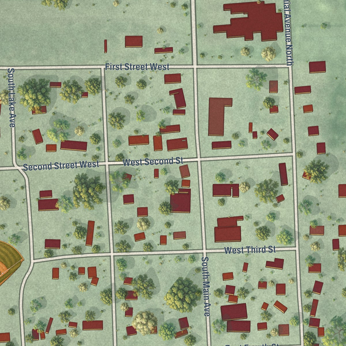 Close-up of the map of Wentworth, South Dakota print showing street and building detail