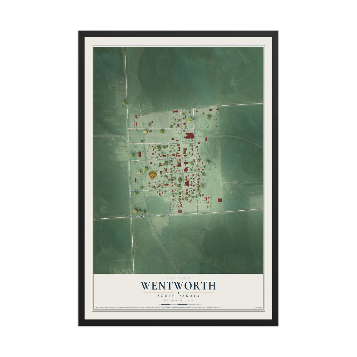 Map of Wentworth, South Dakota, 12 x 18 inch print in a black wood frame