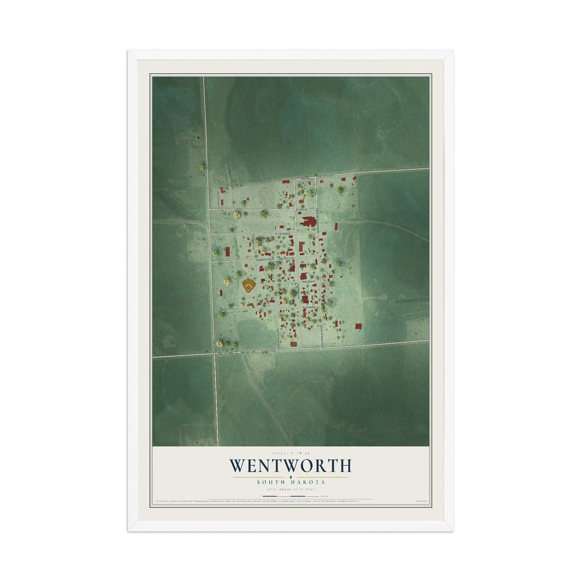 Map of Wentworth, South Dakota, 12 x 18 inch print in a white wood frame
