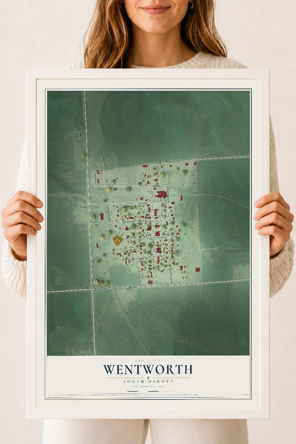 Map of Wentworth, South Dakota, 18 x 24 inch print in a white wood frame