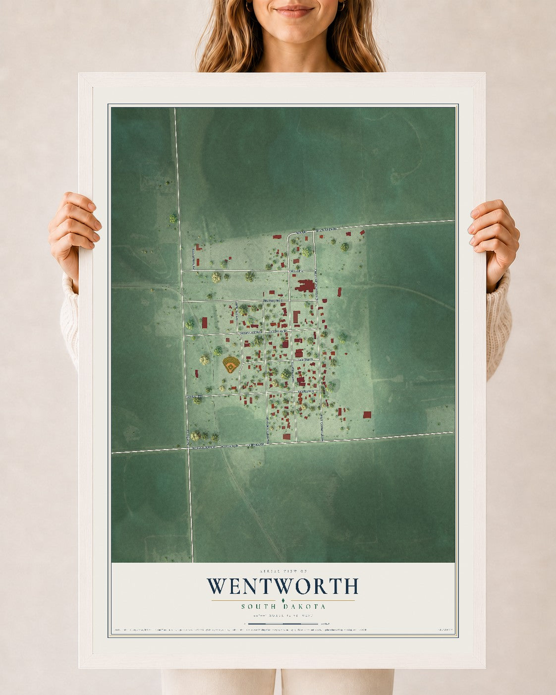 Map of Wentworth, South Dakota, 24 x 36 inch print in a white wood frame