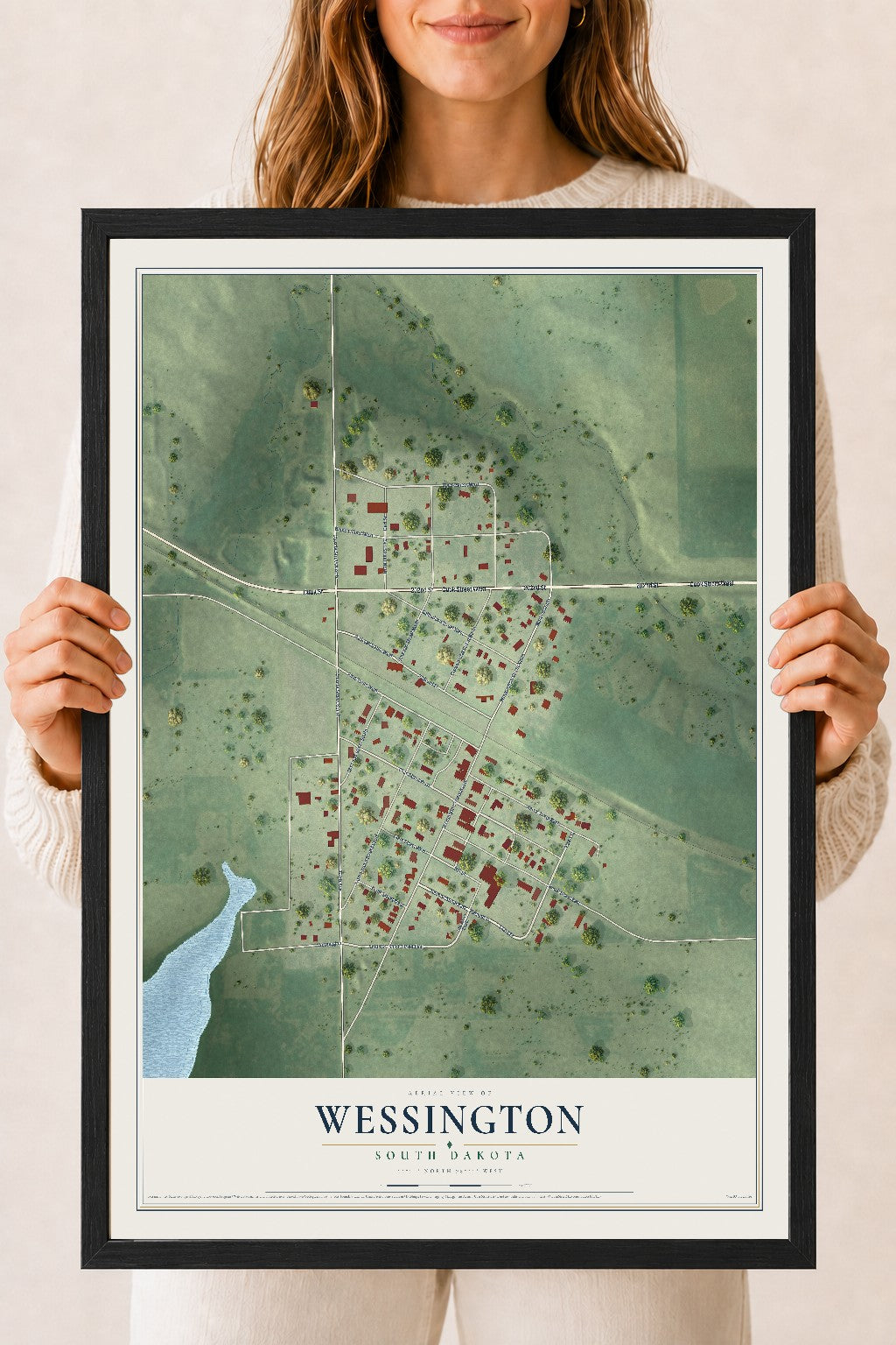 Map of Wessington, South Dakota, 18 x 24 inch print in a black wood frame