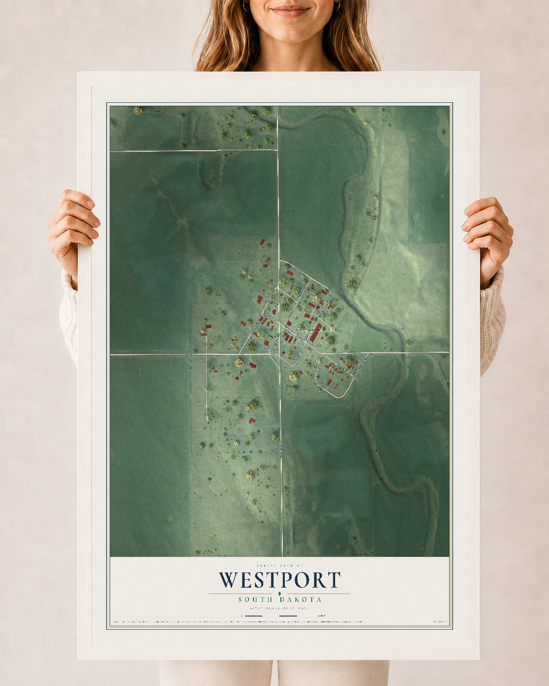 Map of Westport, South Dakota, 24 x 36 inch print in a white wood frame