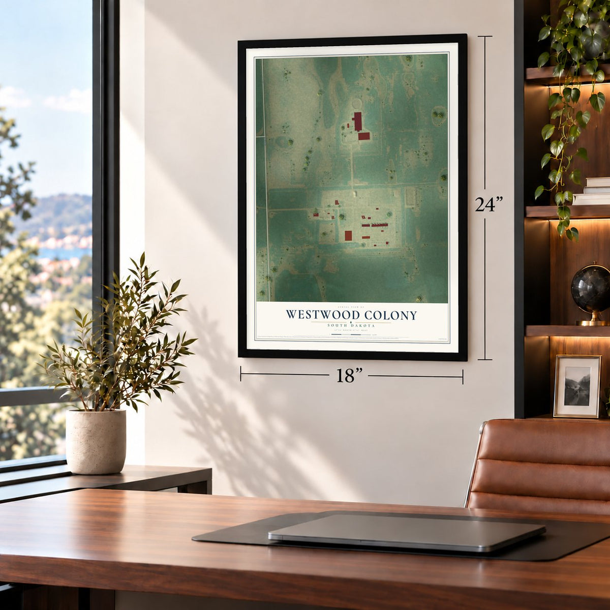 Westwood Colony, South Dakota map, 18 x 24 inch print in a black frame in a home office