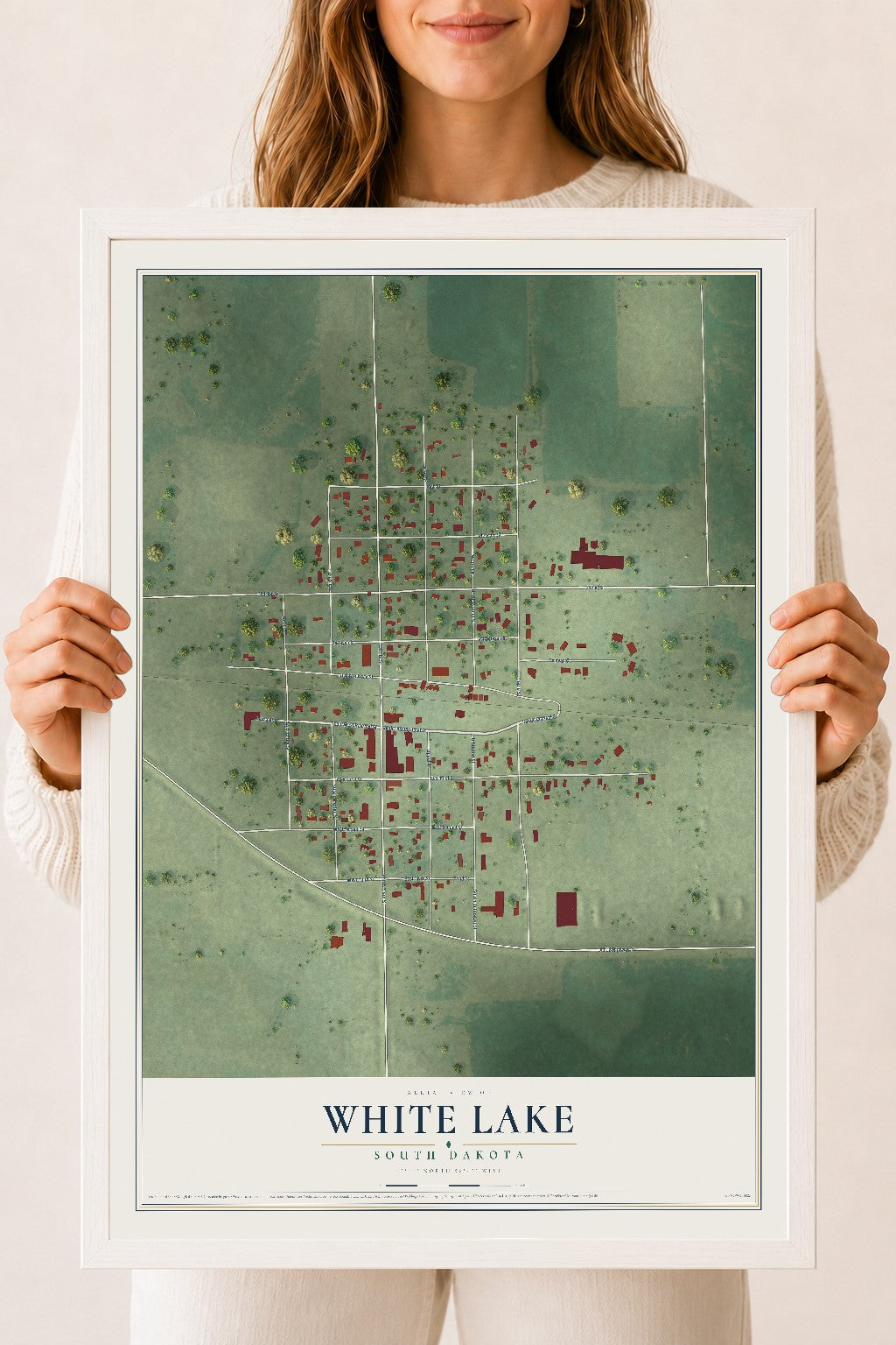 Map of White Lake, South Dakota, 18 x 24 inch print in a white wood frame