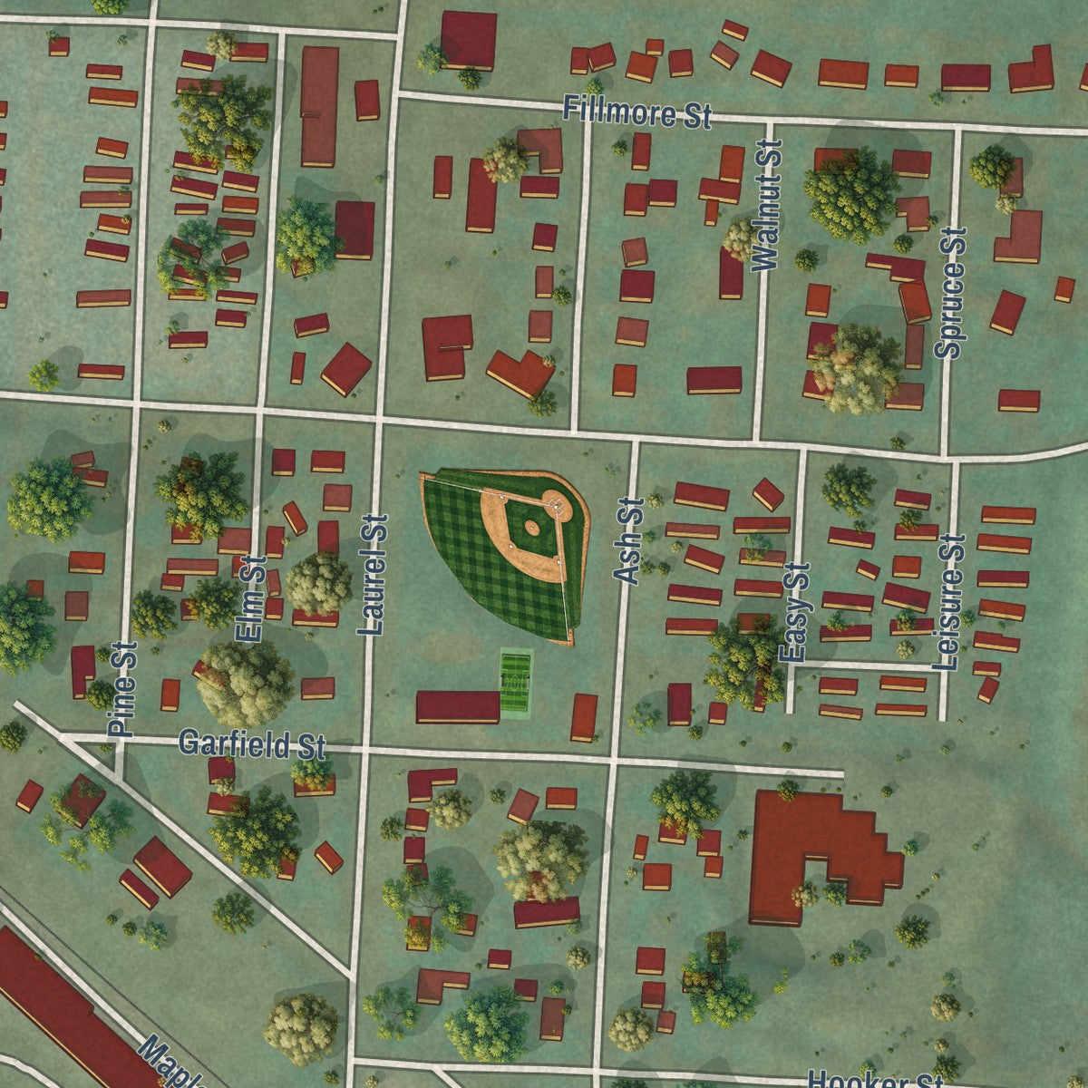 Close-up of the map of Whitewood, South Dakota print showing street and building detail