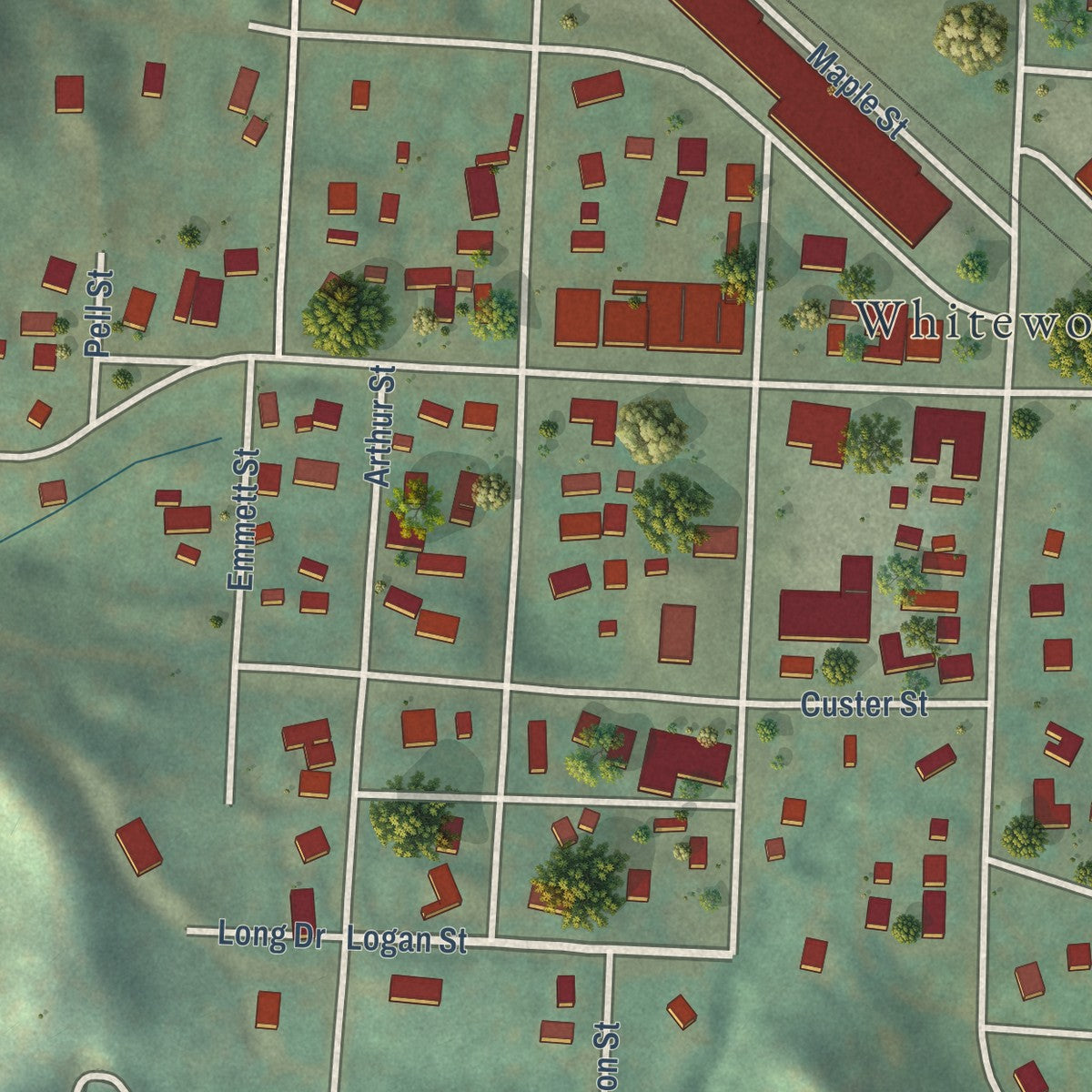Second close-up of the map of Whitewood, South Dakota print showing more streets and buildings