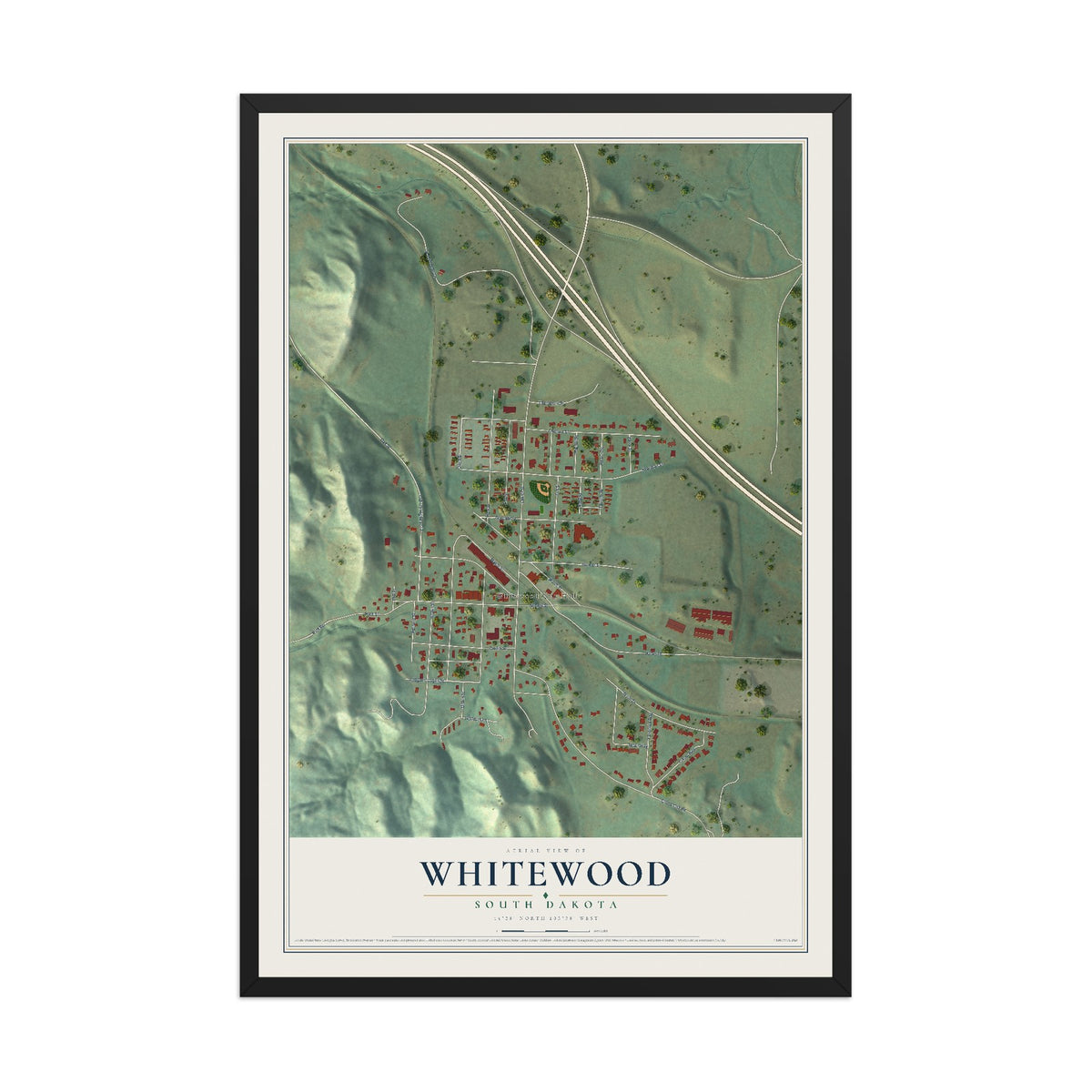 Map of Whitewood, South Dakota, 12 x 18 inch print in a black wood frame