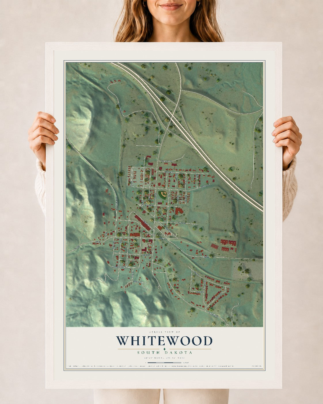 Map of Whitewood, South Dakota, 24 x 36 inch print in a white wood frame