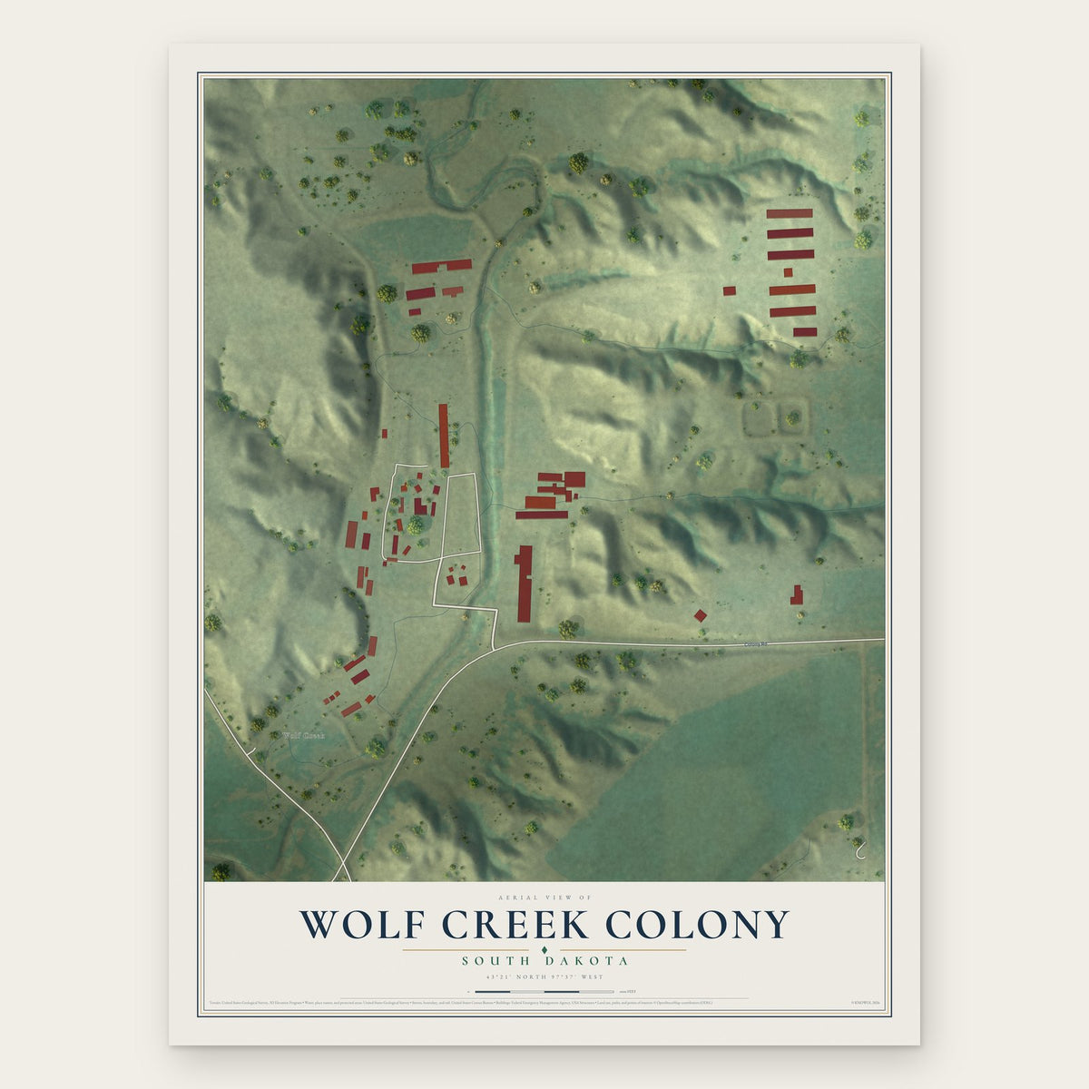 Wolf Creek Colony, South Dakota map print, the full design