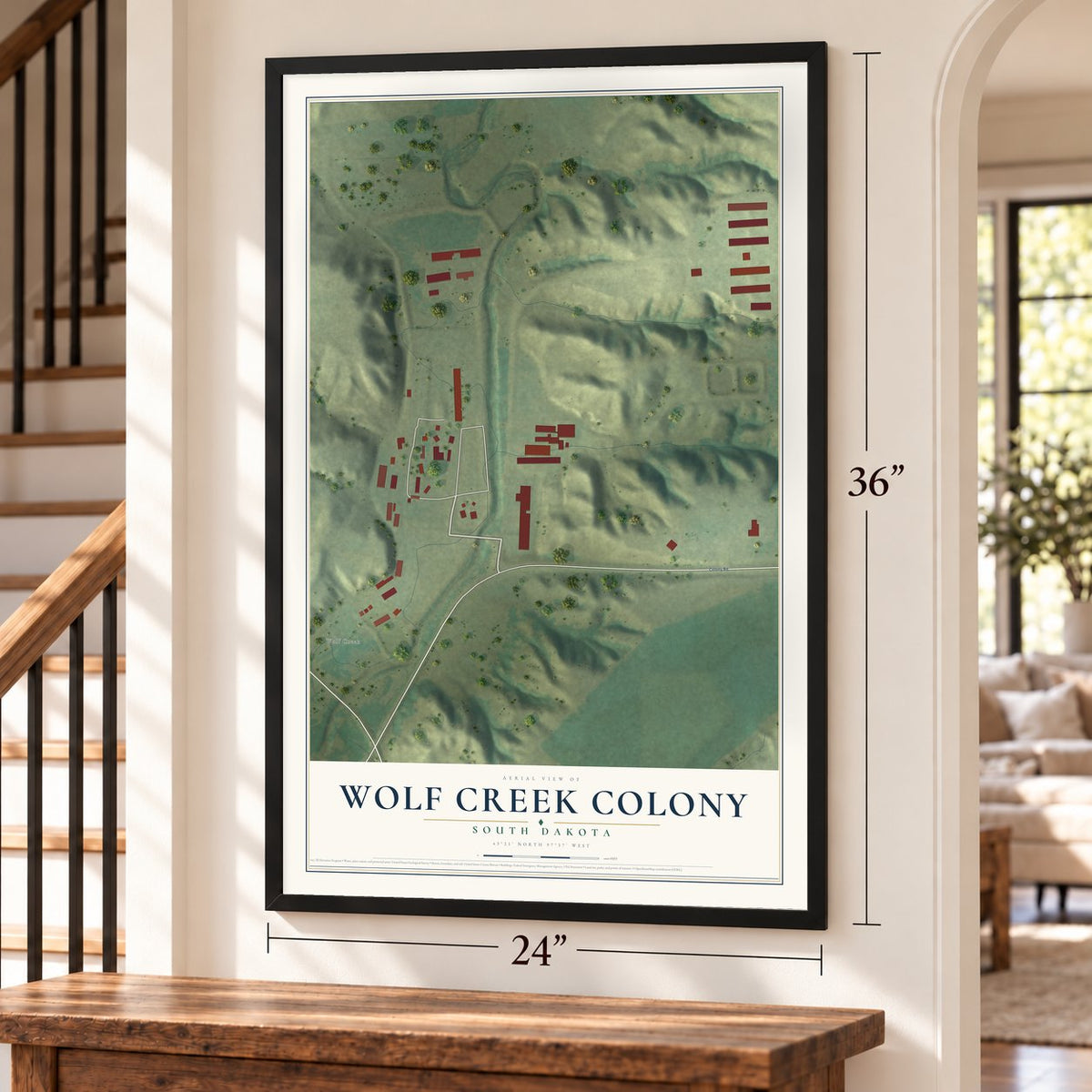 Wolf Creek Colony, South Dakota map, 24 x 36 inch print in a black frame by a staircase