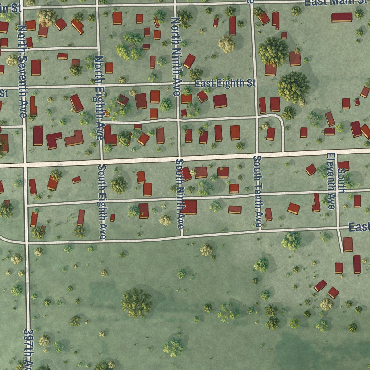 Second close-up of the map of Woonsocket, South Dakota print showing more streets and buildings