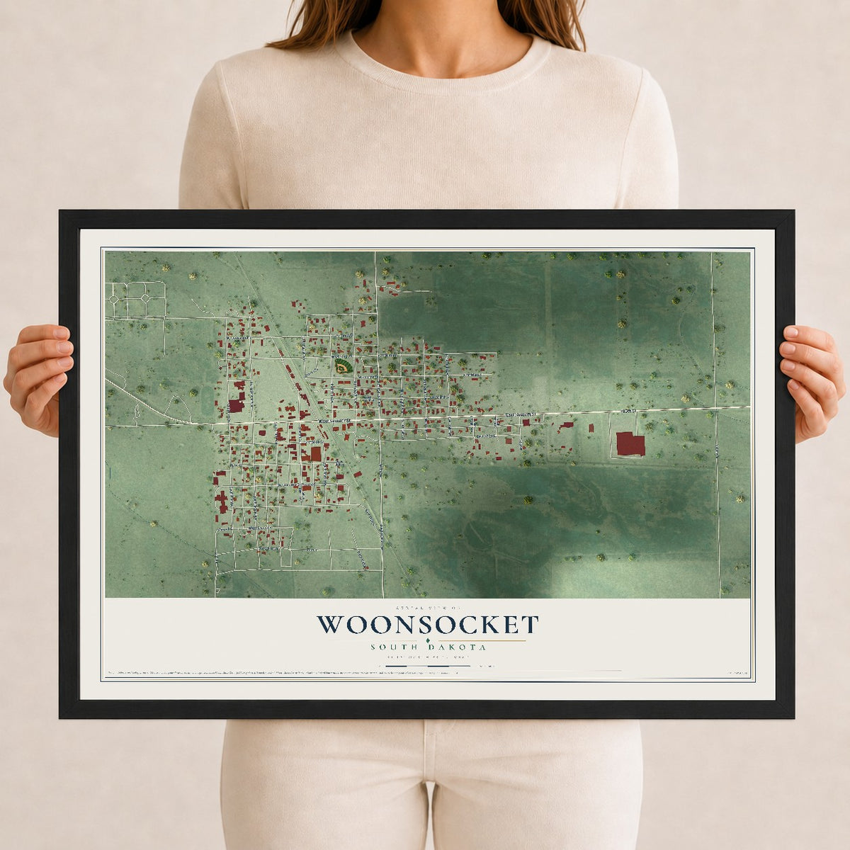 Map of Woonsocket, South Dakota, 12 x 18 inch print in a black wood frame