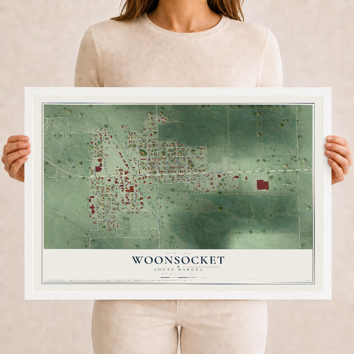 Map of Woonsocket, South Dakota, 12 x 18 inch print in a white wood frame