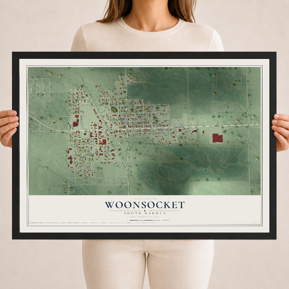 Map of Woonsocket, South Dakota, 18 x 24 inch print in a black wood frame