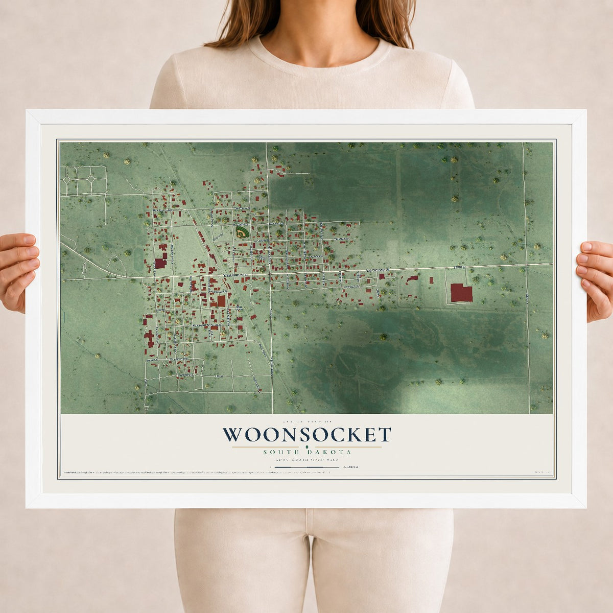 Map of Woonsocket, South Dakota, 18 x 24 inch print in a white wood frame