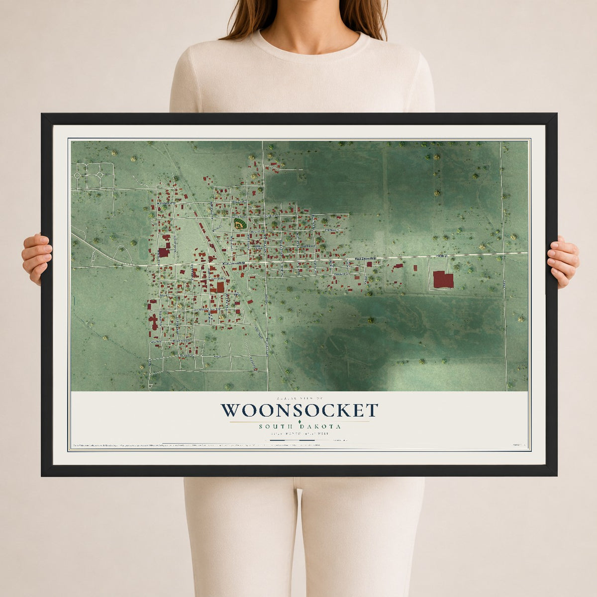 Map of Woonsocket, South Dakota, 24 x 36 inch print in a black wood frame