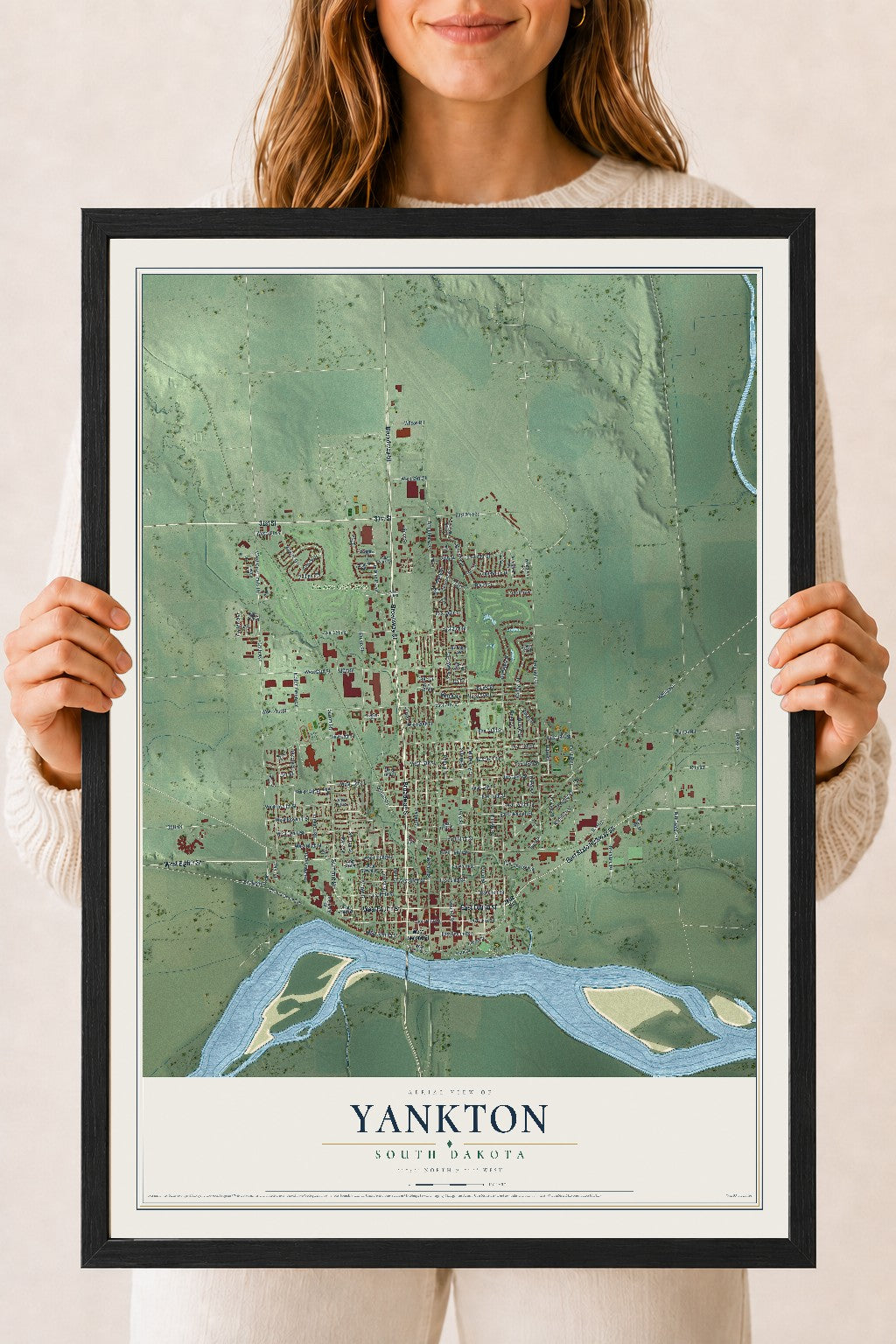 Map of Yankton, South Dakota, 18 x 24 inch print in a black wood frame