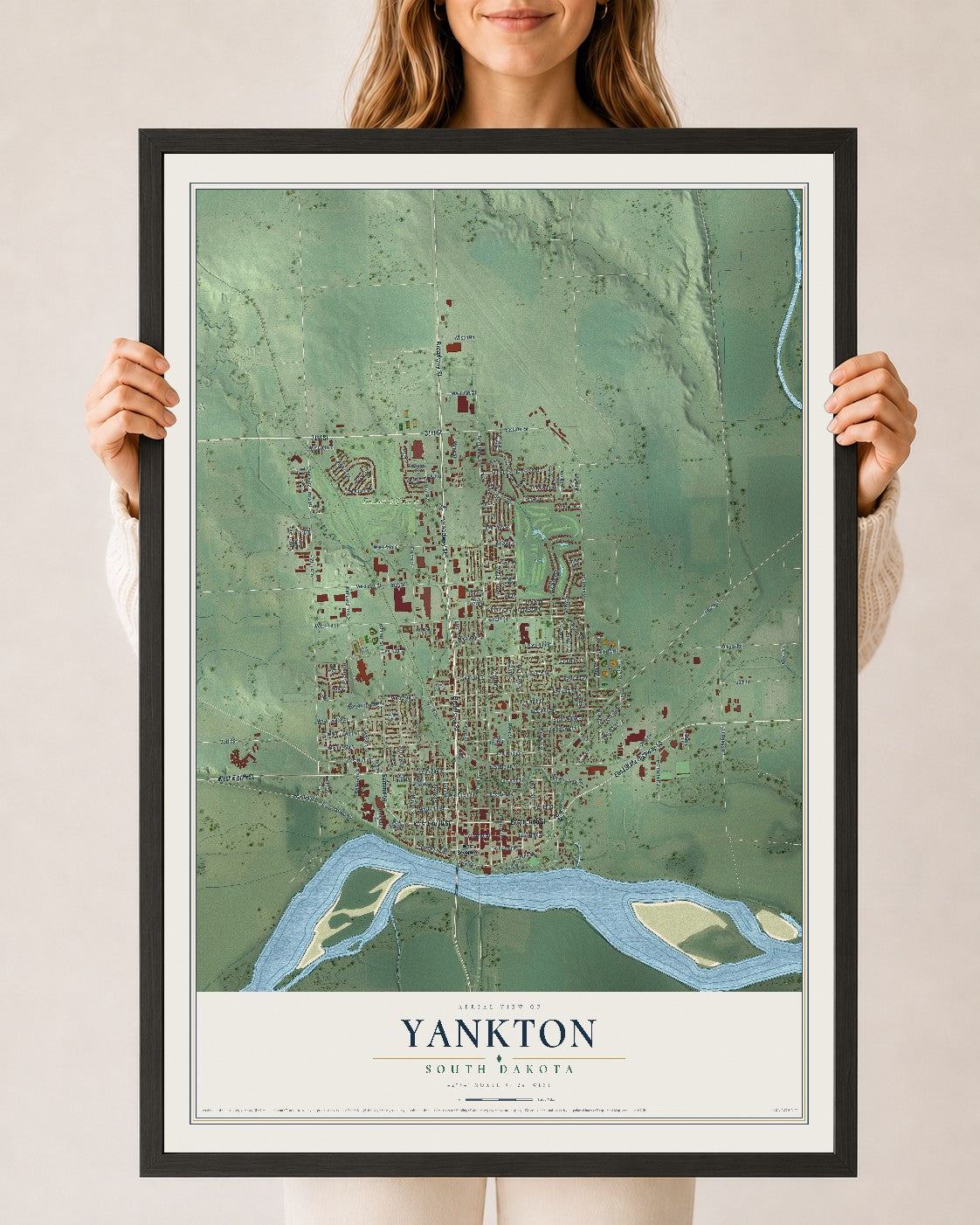Map of Yankton, South Dakota, 24 x 36 inch print in a black wood frame