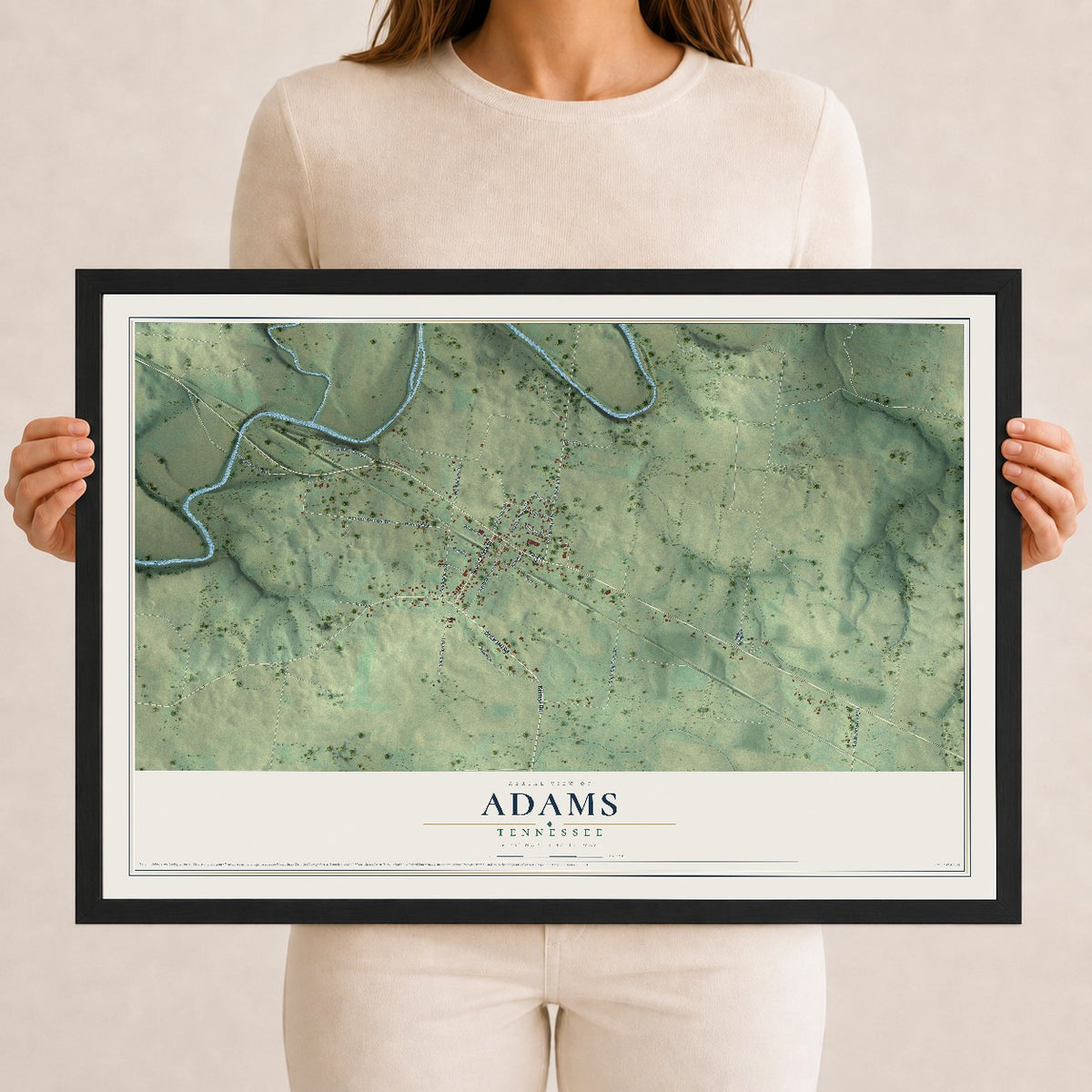 Map of Adams, Tennessee, 12 x 18 inch print in a black wood frame
