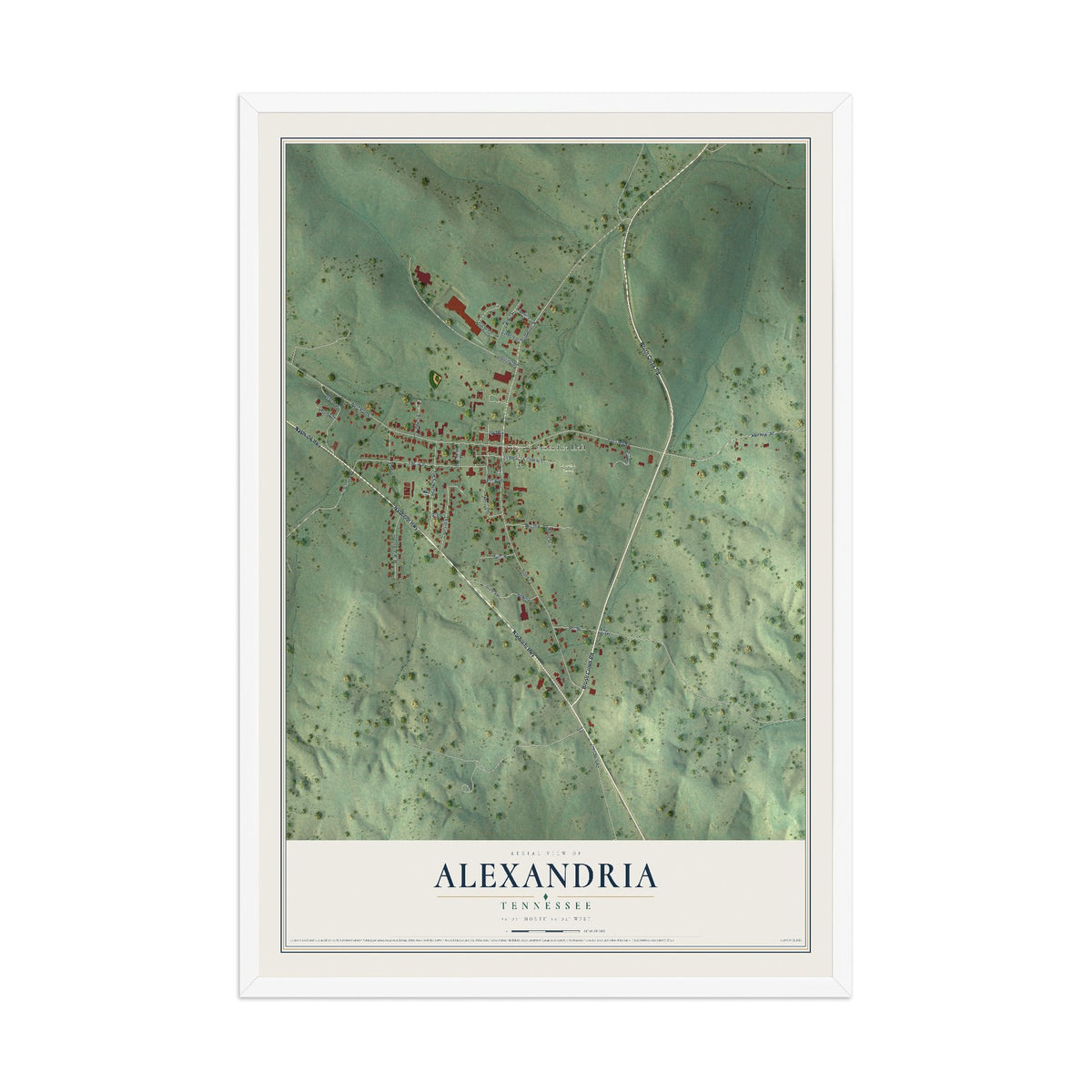 Map of Alexandria, Tennessee, 12 x 18 inch print in a white wood frame