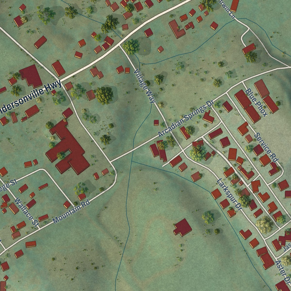 Close-up of the map of Andersonville, Tennessee print showing street and building detail