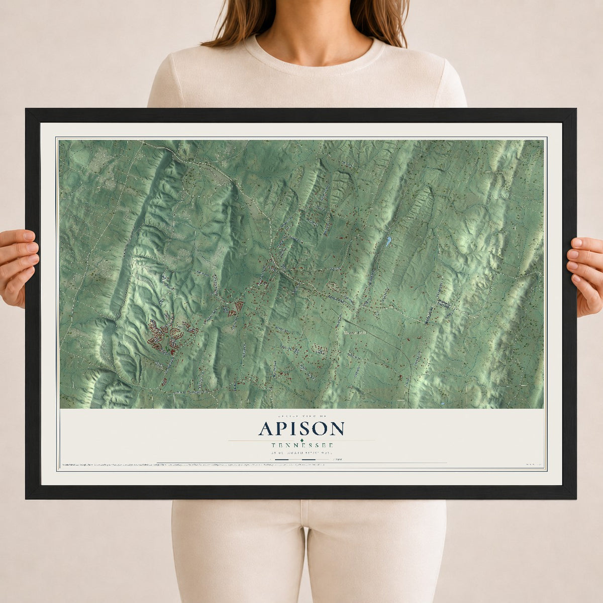Map of Apison, Tennessee, 18 x 24 inch print in a black wood frame