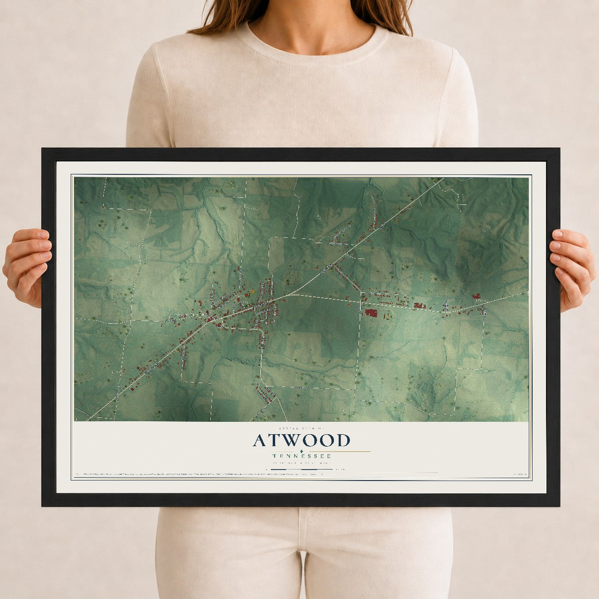 Map of Atwood, Tennessee, 12 x 18 inch print in a black wood frame