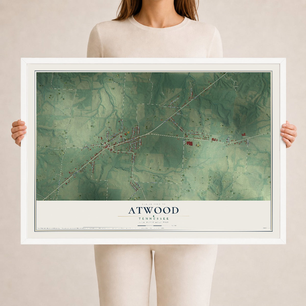 Map of Atwood, Tennessee, 24 x 36 inch print in a white wood frame