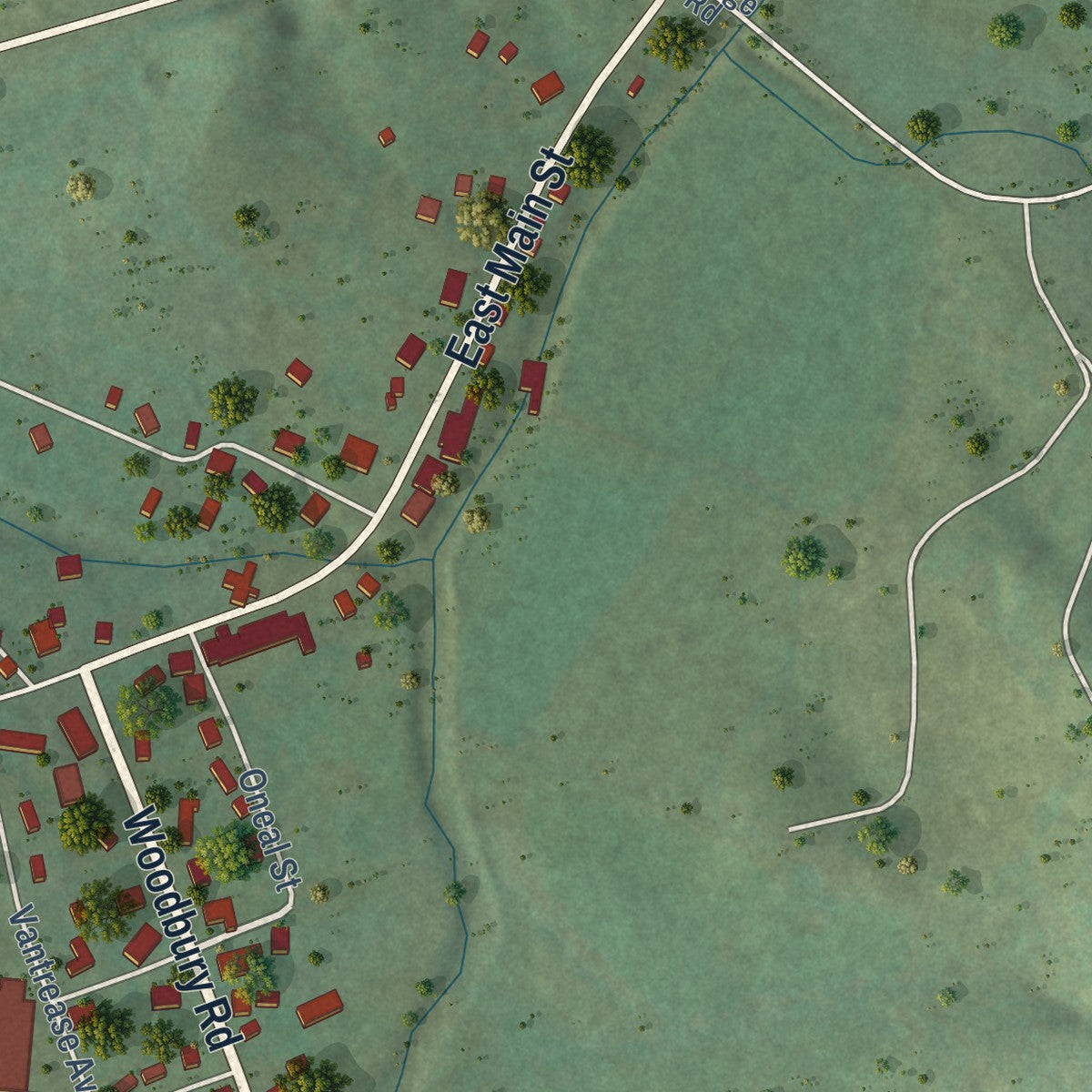 Close-up of the map of Auburntown, Tennessee print showing street and building detail