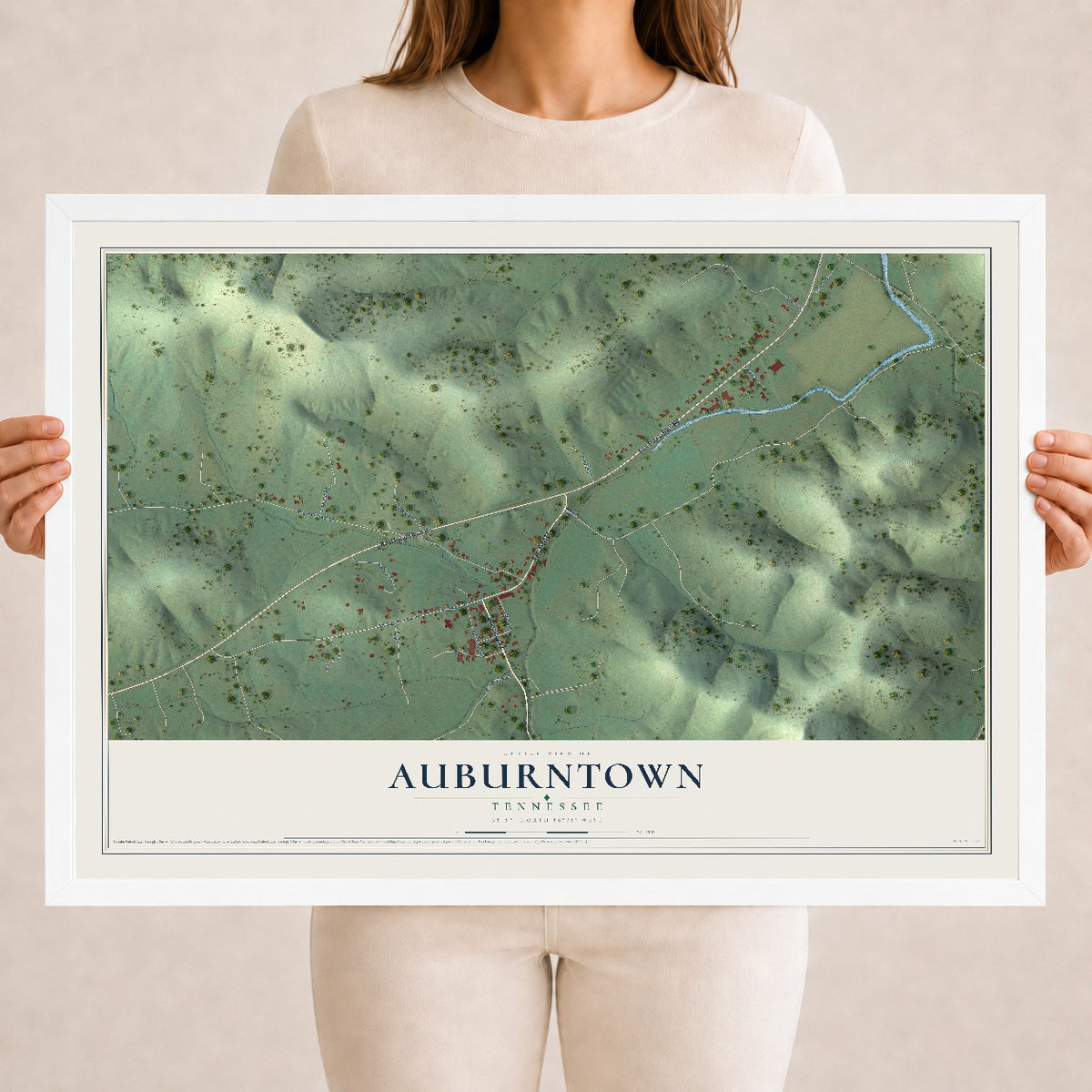 Map of Auburntown, Tennessee, 18 x 24 inch print in a white wood frame
