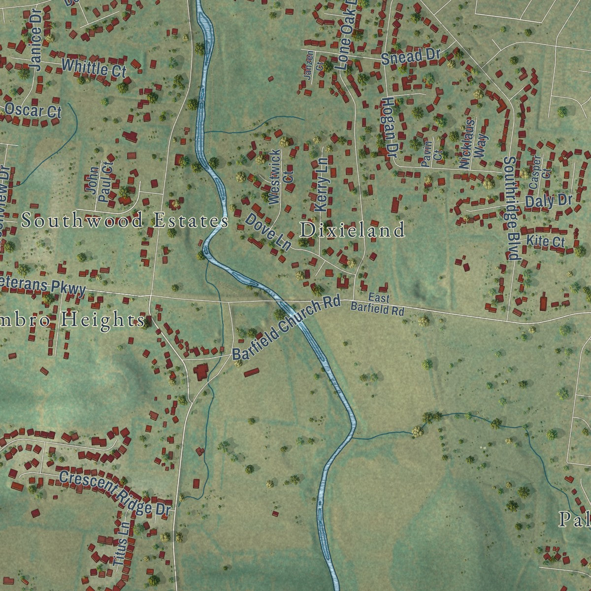 Close-up of the map of Barfield, Tennessee print showing street and building detail