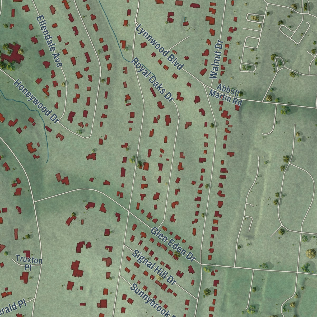 Second close-up of the map of Belle Meade, Tennessee print showing more streets and buildings