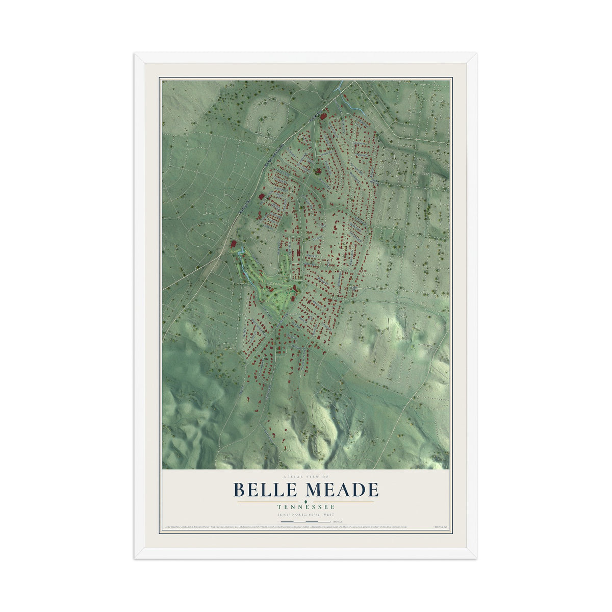 Map of Belle Meade, Tennessee, 12 x 18 inch print in a white wood frame