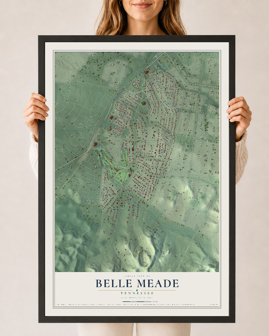 Map of Belle Meade, Tennessee, 24 x 36 inch print in a black wood frame