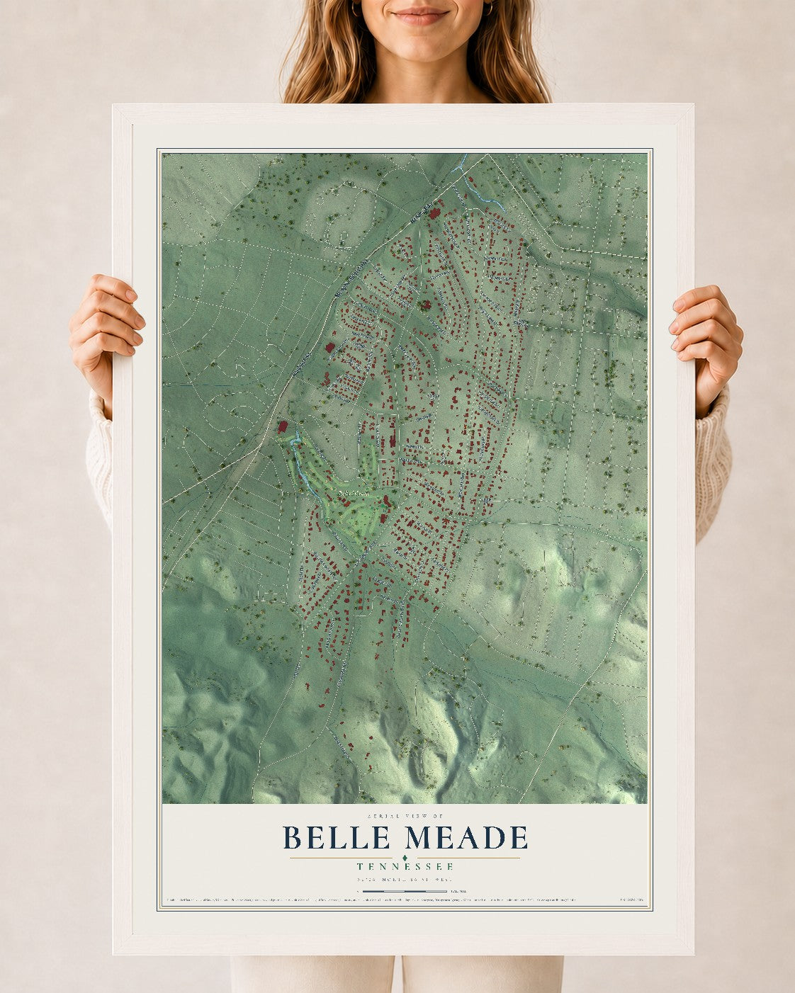 Map of Belle Meade, Tennessee, 24 x 36 inch print in a white wood frame